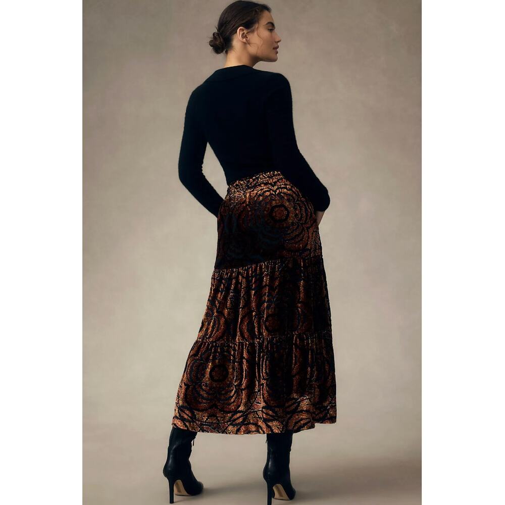 by Anthropologie The Somerset Maxi Skirt: Nina Pace Velvet Edition Orange sz. S - Picture 2 of 10